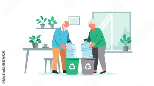 Elderly couple sorting recycling bins in a modern interior setting