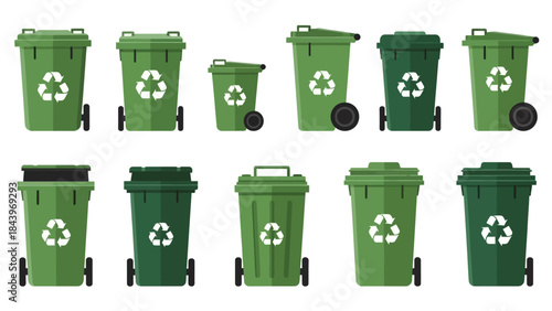 Green recycling bins collection on wheels for eco-friendly waste management