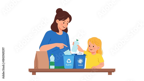 Mother and child practicing recycling with plastic and paper at home in flat style