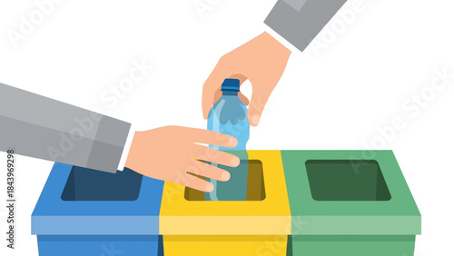 Recycling sorting concept with hands and bins for sustainable waste management