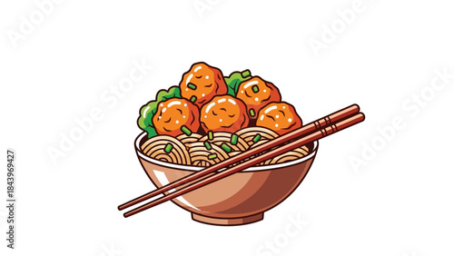 Delicious asian cuisine: noodle bowl with tasty meatballs and chopsticks