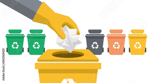 Colorful recycling bins with hand throwing paper into yellow bin for waste management