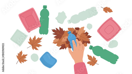 Hand sorting recyclable plastic and autumn leaves on white background