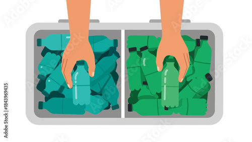 Sorting recycling bins with plastic bottles in minimalist style