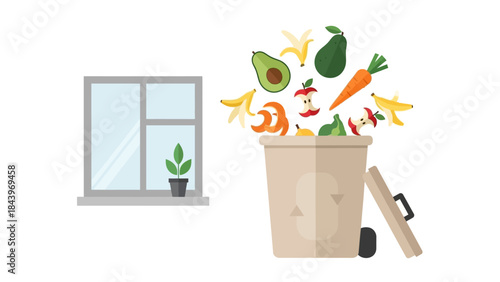 Composting at home: organic waste bin next to kitchen window