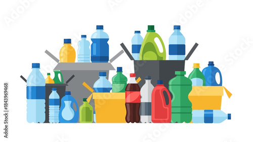 Colorful collection of recyclable plastic containers on white background