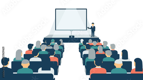 Business presentation seminar with diverse audience and projector screen in flat style