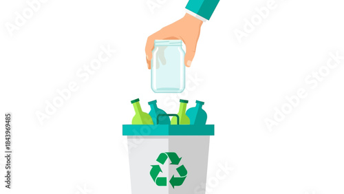 Eco-friendly waste management: hand placing glass jar in recycling bin