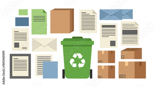 Flat design recycling bin and paper waste management