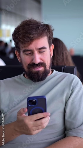 Vertical. Smiling caucasian millennial man uses his smartphone while waiting at an airport gate, seated in the lounge by large glass windows. Bright modern terminal suggests calm before boarding.