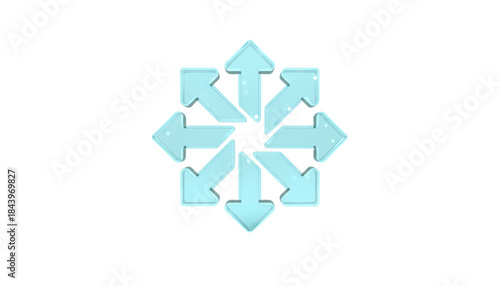 Multi directional hub arrows with a complex, intersecting shape and a futuristic cyan glow, a 3D glassmorphism arrow icon set isolated on white