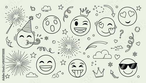 Collection of smiling faces and fireworks illustrations