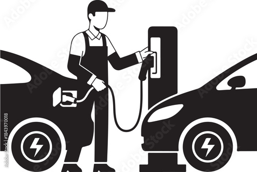 Man in overalls charging clean flat black electric vehicle at station.