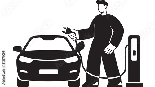 Man charging clean bold flat electric car with power cable from station.