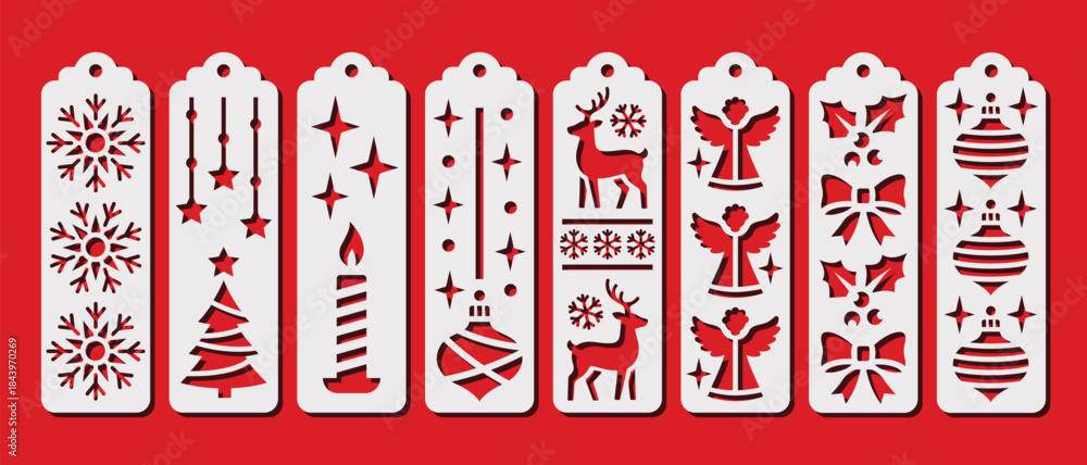 Fototapeta premium Decorative Christmas bookmarks. New Years and Xmas laser cut template. Bookmark stencil for paper, wood and metal cutting. Vector design with winter holidays pattern