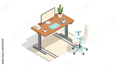 Modern home office setup with adjustable desk and ergonomic chair isometric design