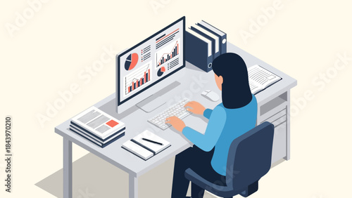 Businesswoman analyzing financial data on computer in modern office isometric style