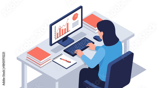 Businesswoman analyzing data on computer at desk with charts and books in modern isometric style