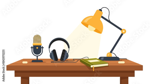 Cozy workspace setup with desk lamp, microphone, and headphones for content creators