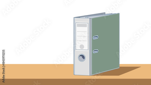 Green office binder on wooden shelf with white background in isometric style