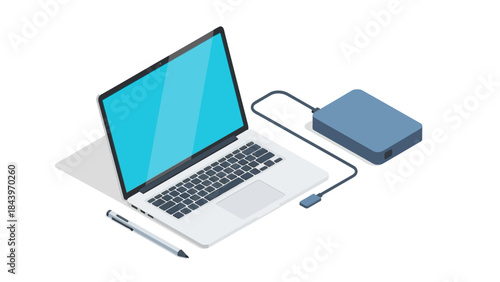 Modern isometric laptop with external hard drive and pen on white background