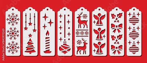 Decorative Christmas bookmarks. New Years and Xmas laser cut template. Bookmark stencil for paper, wood and metal cutting. Vector design with winter holidays pattern