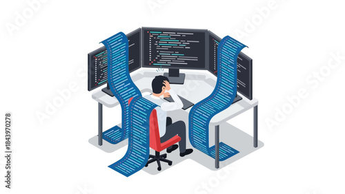 Overwhelmed coder surrounded by debugging code on multiple computer screens