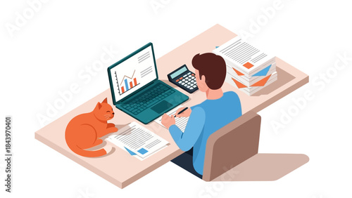 Working from home with pet cat and office supplies in isometric style