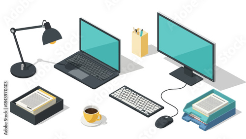 Modern office workspace setup with laptop, desktop, keyboard, and office supplies in isometric style