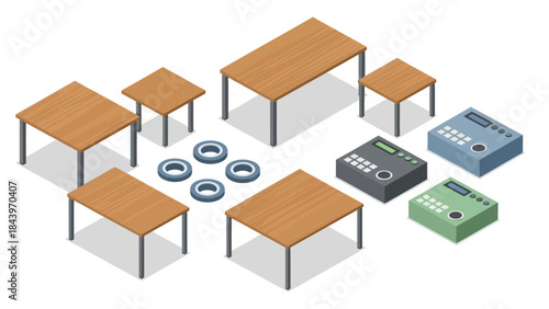 Isometric office furniture and office equipment set for workspace design