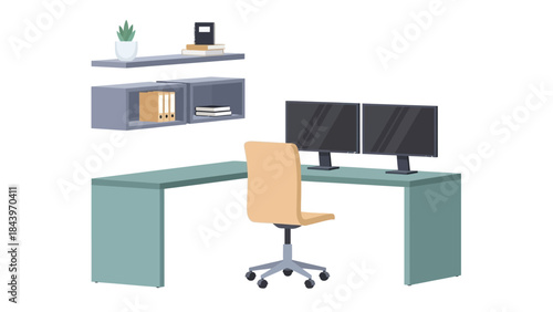 Modern flat style home office workspace with dual monitors and minimalist shelves