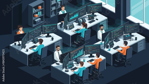 Modern office workspace with professionals analyzing data on multiple monitors in isometric design