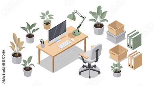 Modern home office workspace with desk, chair, computer, and indoor plants in isometric style