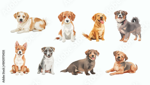 A charming collection of watercolor paintings featuring a variety of adorable dogs in different poses