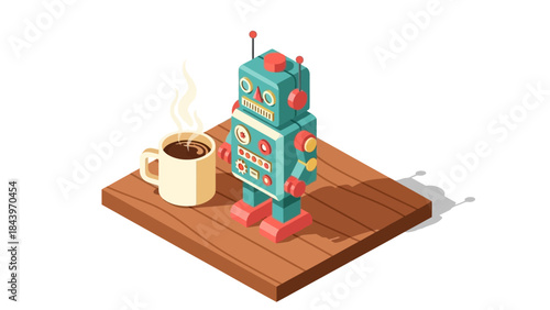 Isometric retro robot with coffee on wooden platform