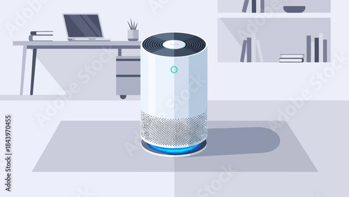 Essential smart home technology featuring modern air purifier in minimalist office environment