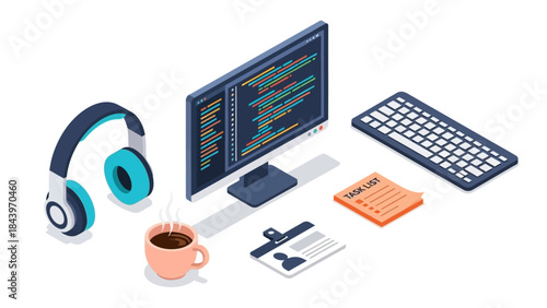 Isometric home office setup with computer, keyboard, and headphones