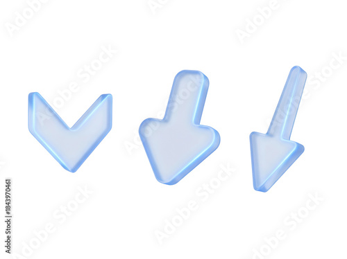 Minimal, transparent UIUX arrows with a simple, downward pointing shape and a subtle, glowing blue edge, a 3D glassmorphism arrow icon set isolated on white