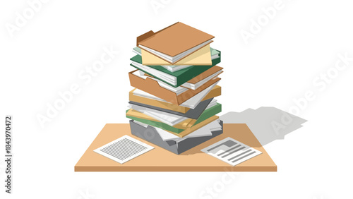 Tall stack of office files and documents on desk in isometric style