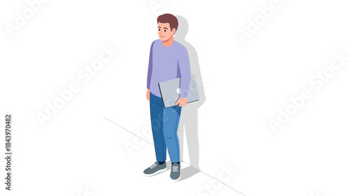 Casual young man holding laptop in modern flat style