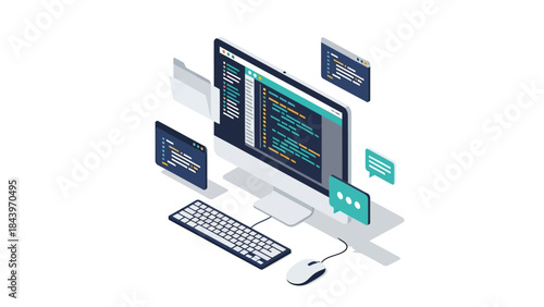 Isometric computer workspace with coding interface and floating elements for technology design