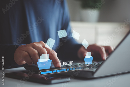 Hand loading of document for send of document on internet. DMS. Data transfer, Transfer file of data between folder, Backup data, Exchange of file on folder, Virtual document loading to another folder