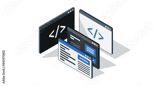 Isometric code editor windows with programming symbols for developer projects