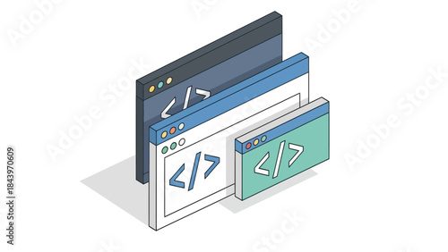 Isometric browser windows with code icons representing web development