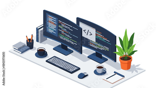 Modern workspace with dual monitors and coding setup in isometric style