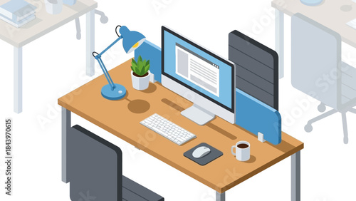 Isometric office workspace with computer, lamp, and coffee mug on desk