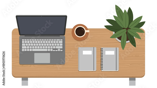 Minimalist workspace with laptop, coffee, and plant on wooden desk