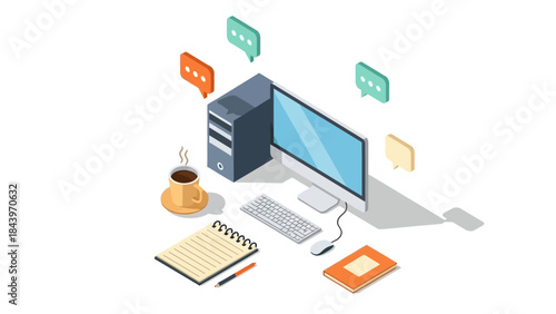 Isometric office workspace with computer, coffee, and communication symbols