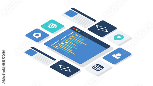 Isometric data analytics and programming concept with interactive elements