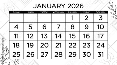 Minimalist January 2026 Calendar Grid